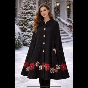 Vintage Sturbridge Black Knit Poinsettia Cape Midi Holiday Cloak